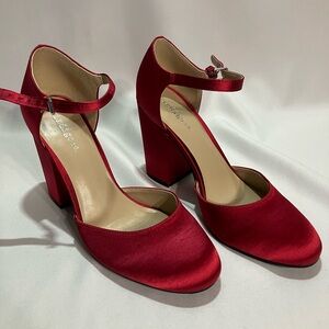 Indigo Red Satin Ankle Strap Heels